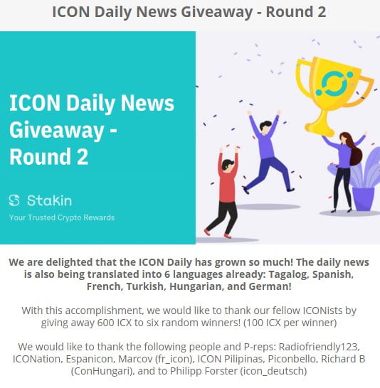 ICON Daily News Giveaway (Round 2) | Daftar dan Dapatkan Reward Total 600 ICX
