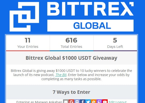 Bittrex Global Giveaway | Daftar dan Dapatkan Total Hadiah $1000